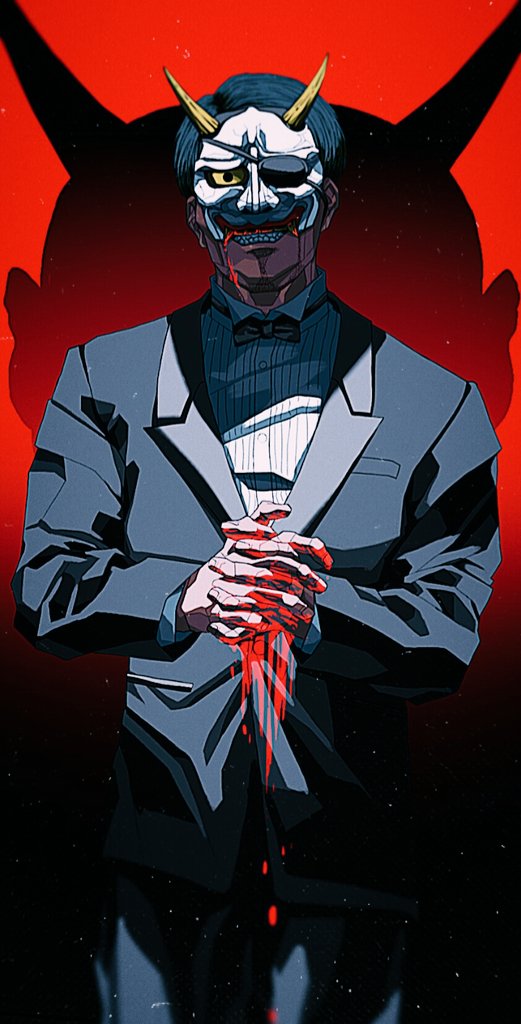 1boy, black_hair, black_jacket, black_neckwear, black_suit, blood, bloody_hands, bow