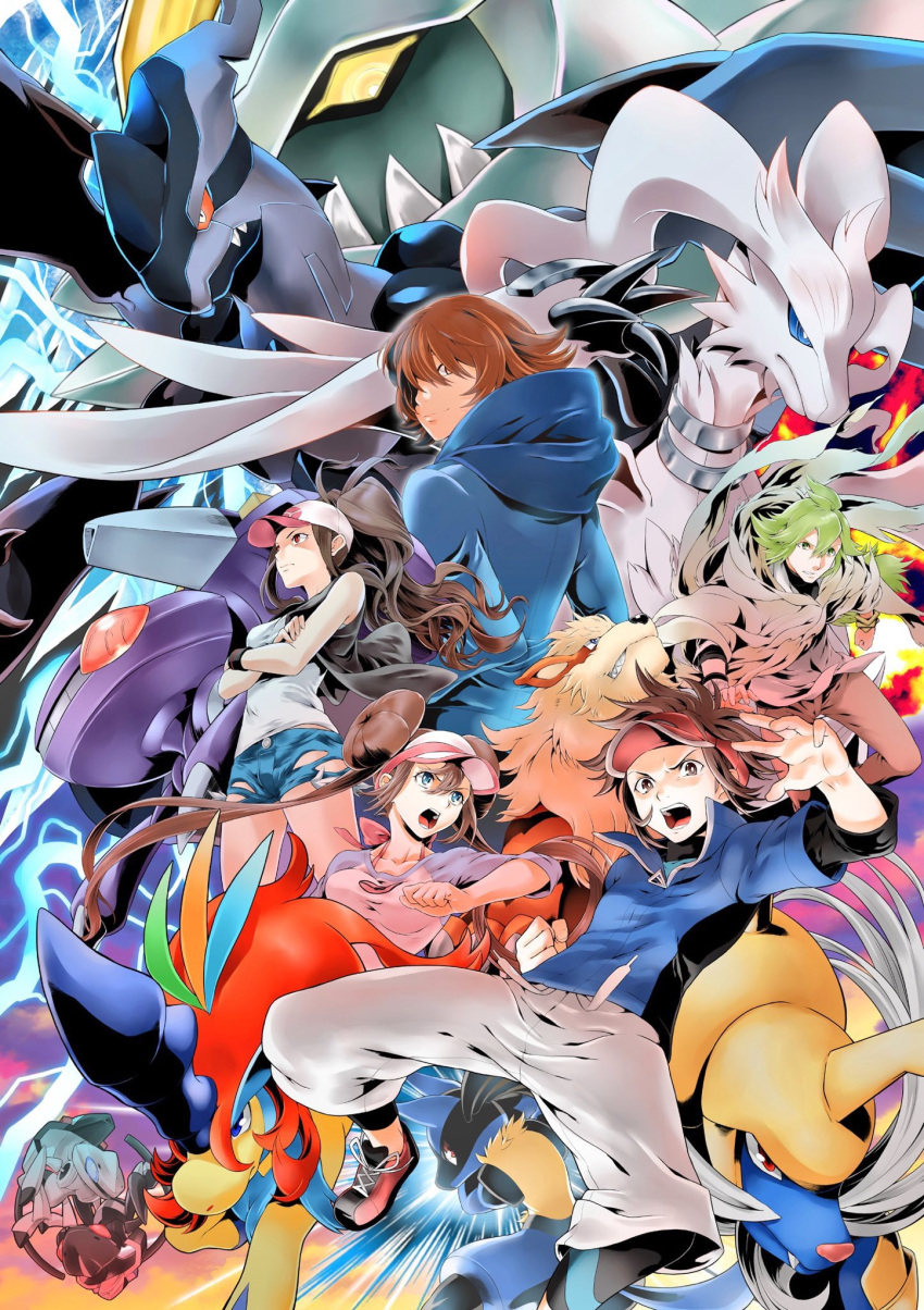 2girls, 3boys, arcanine, bangs, baseball_cap, black_vest, blue_eyes, blue_jacket