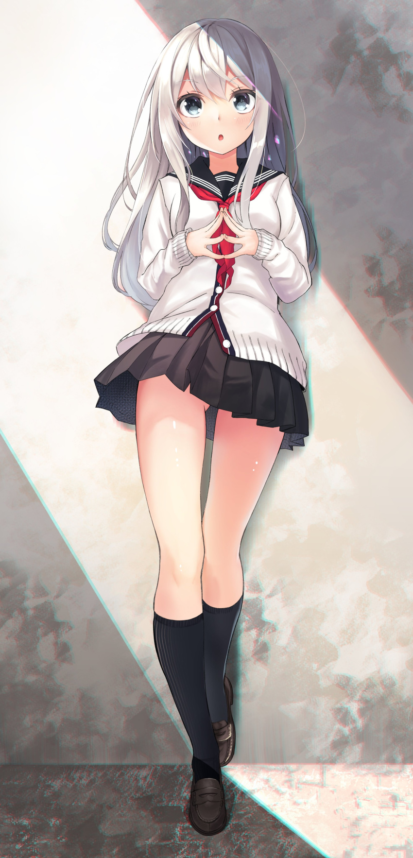1girl, :o, absurdres, against_wall, ass_visible_through_thighs, bangs, black_eyes, black_legwear