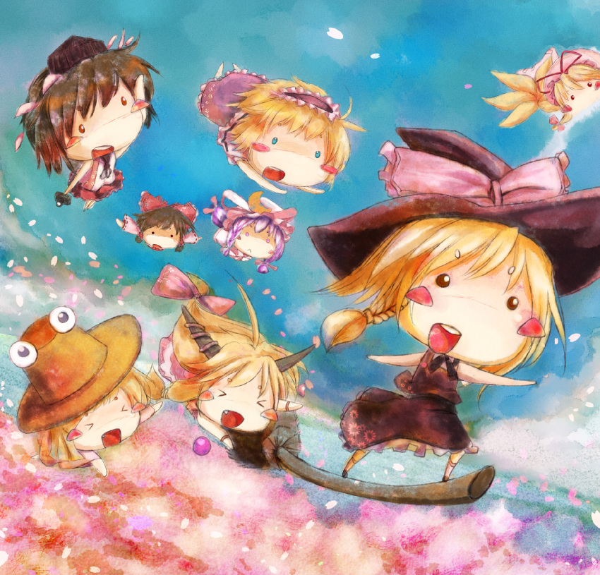 >_<, alice_margatroid, blush_stickers, bow, braid, broom, broom_surfing, camera