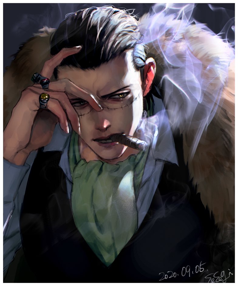 1boy, artist_name, birthday, black_hair, black_vest, cigar, collared_shirt, commentary_request