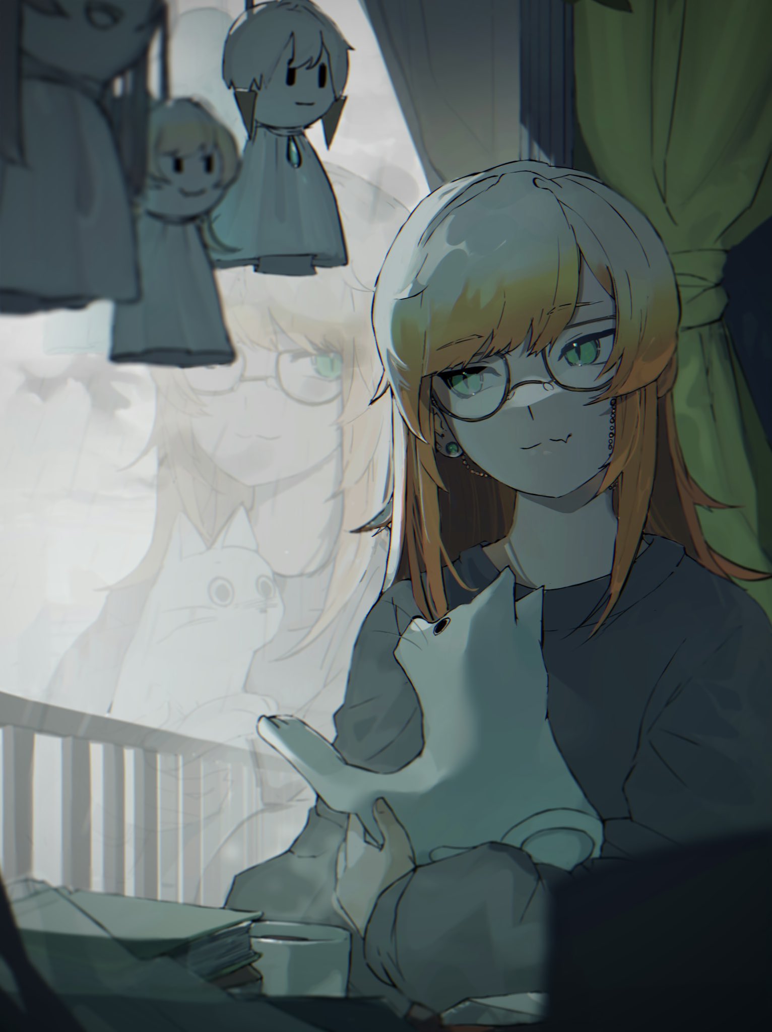 1other, animal, black_hair, black_sweater, blonde_hair, book, cat, character_request, coffee, coffee_mug, cup, curtains, demon, earrings, eyebrows_visible_through_hair, fang, glasses, gradient_eyes, gradient_hair, green_eyes, habit, highres, holding, holding_animal, jewelry, looking_to_the_side, melissa_kinrenka, mug, multicolored, multicolored_eyes, multicolored_hair, nagao_kei, nijisanji, reflection, skin_fang, smile, steam, sweater, teruterubouzu, tofu_bnbn, virtual_youtuber, window