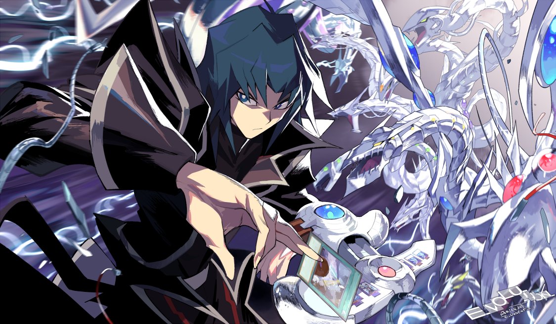 1boy, antenna_hair, artist_name, between_fingers, black_coat, blue_eyes, blue_hair, card