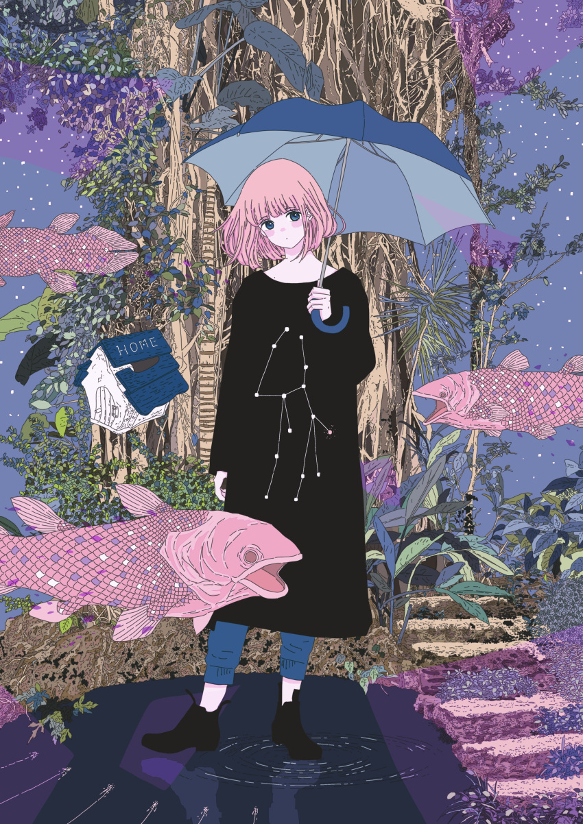 1girl, absurdres, bangs, black_dress, black_footwear, blue_eyes, blue_pants, blue_umbrella, blush, dress, fish, full_body, hand_up, highres, holding, holding_umbrella, illmaticblue, leaf, long_sleeves, medium_hair, original, pants, pink_hair, plant, ripples, shoes, solo, stairs, standing, surreal, umbrella