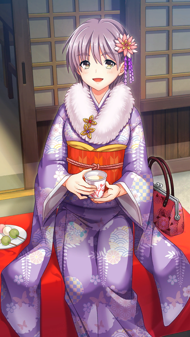 1girl, :d, bag, bangs, blush, dango, doukyuusei, doukyuusei_another_world, eyebrows_visible_through_hair, floral_print, flower, food, fur-trimmed_kimono, fur_trim, game_cg, grey_hair, hair_between_eyes, hair_flower, hair_ornament, handbag, holding, japanese_clothes, kimono, kurokawa_satomi, long_sleeves, looking_at_viewer, obi, official_art, open_mouth, pink_flower, print_kimono, purple_kimono, sash, shiny, shiny_hair, short_hair, sitting, smile, solo, wagashi, wide_sleeves, yellow_eyes, yukata