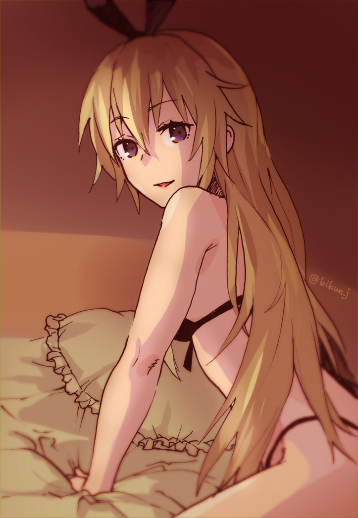 1girl, bangs, bikini, black_bikini, blonde_hair, breasts, brown_background, cushion