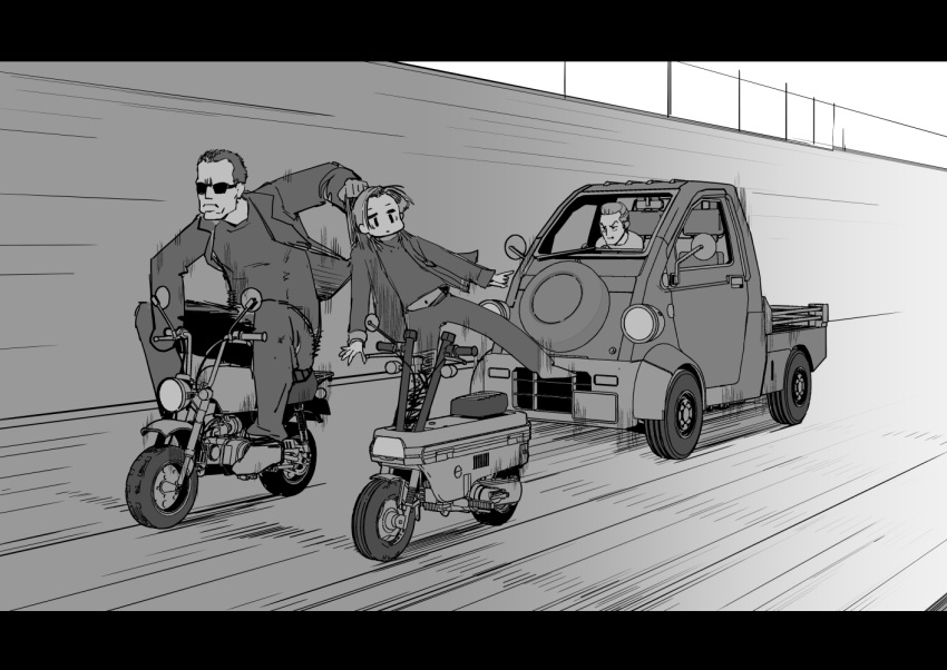 3boys, car, car_chase, closed_mouth, commentary, driving, frown, greyscale