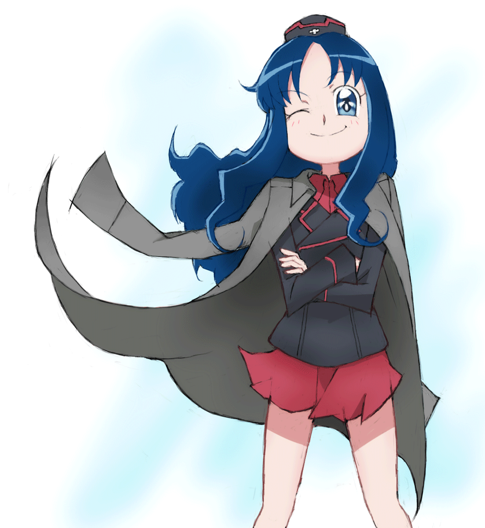 1girl, alternate_costume, blue_hair, cosplay, crossed_arms, garrison_cap, girls_und_panzer, hat