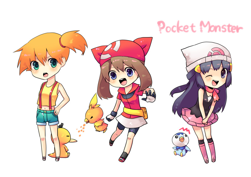 3girls, absurdres, aqua_eyes, bandana, beanie, blue_eyes, brown_hair, chibi