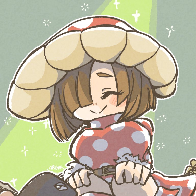 1boy, 1girl, artist_name, bangs, belt, blush, boku_no_hero_academia, breasts, brown_hair, commentary_request, dress, fur_trim, green_background, hair_over_one_eye, hat, komori_kinoko, kuroiro_shihai, large_breasts, long_sleeves, mushroom, mushroom_hat, polka_dot, polka_dot_dress, pusshwa, red_dress, short_hair, smile, sparkle, squatting, symbol_commentary
