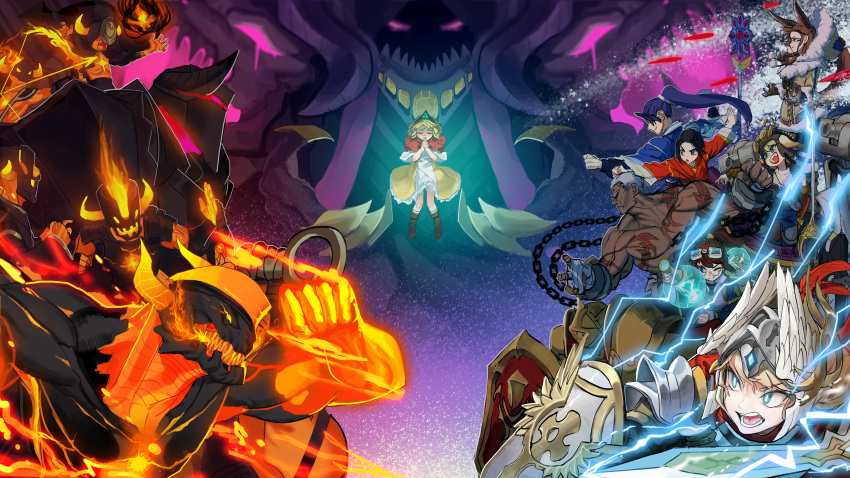 3boys, 6+girls, absurdres, armor, aspiring_warrior_craig, battle, confrontation, desert_mercenary_marvin, engineer_marianne, female_knight_(guardian_tales), group_battle, guardian_tales, highres, holding, holding_weapon, huge_filesize, innuit_girl_coco, jiki_(gkdlfnzo1245), kung_fu_master_fei, kung_fu_master_mei, little_princess_(guardian_tales), multiple_boys, multiple_girls, open_mouth, scientist_sohee, weapon