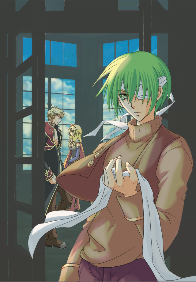 1girl, 2boys, alchemist_(ragnarok_online), bandage_over_one_eye, bandaged_head, bandages, bangs, black_coat