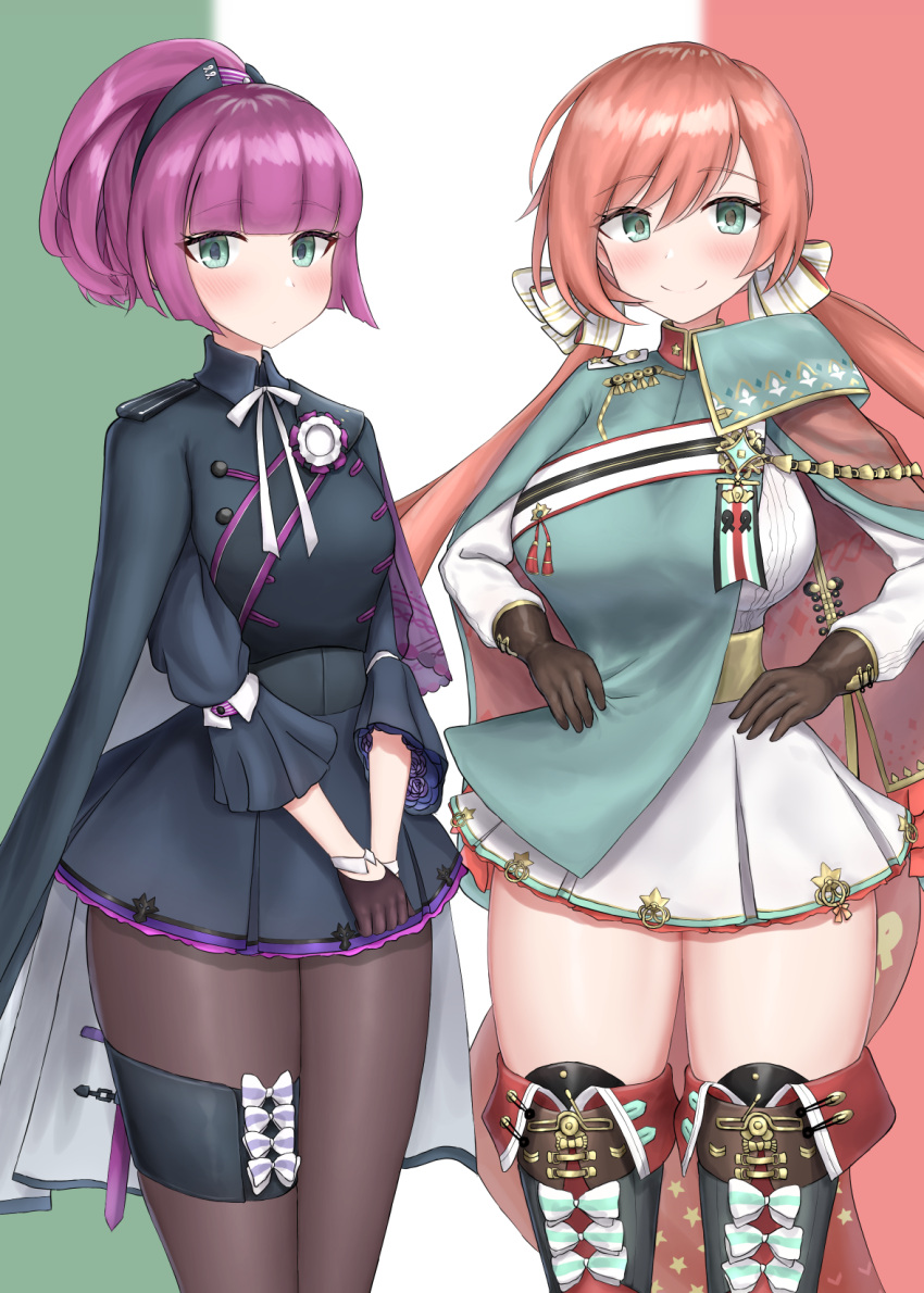 2girls, blush, breasts, carcano_m1891_(girls_frontline), carcano_m91/38_(girls_frontline), earrings, girls_frontline, green_eyes