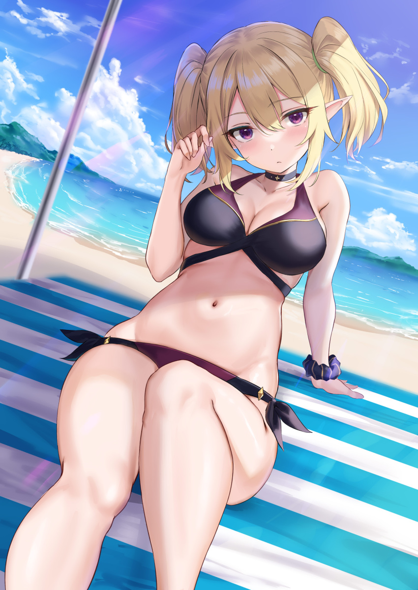 1girl, absurdres, bare_arms, bare_shoulders, beach, beach_mat, bikini, black_bikini