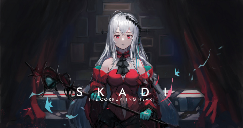 1girl, ahoge, arknights, ascot, bare_shoulders, black_neckwear, breasts, character_name