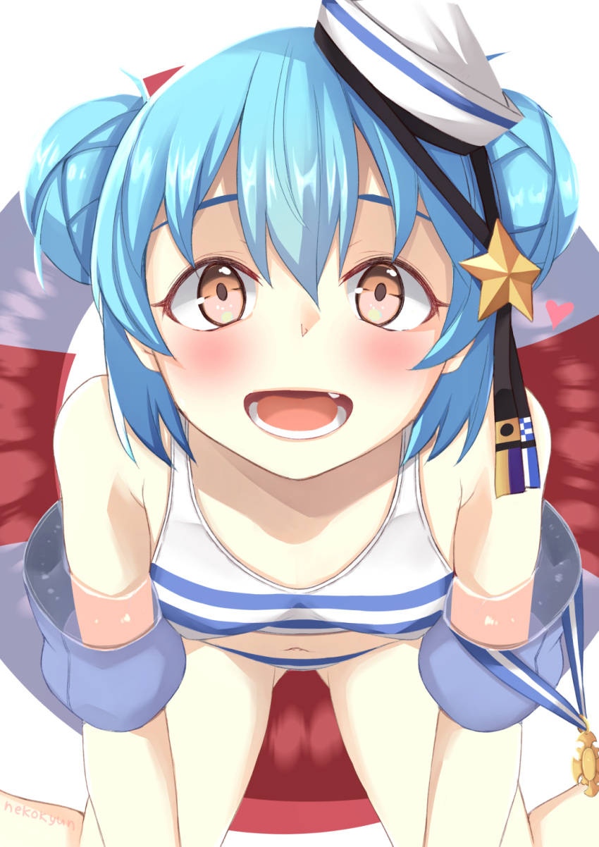 1girl, bikini, black_ribbon, blue_hair, breasts, dixie_cup_hat, double_bun, falsche.shido