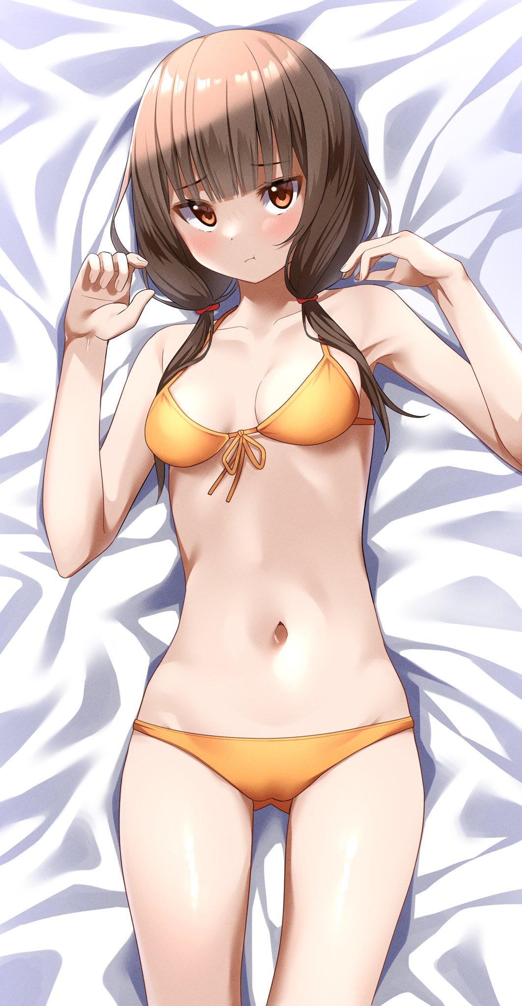 1girl, ass_visible_through_thighs, bangs, bikini, blunt_bangs, blush, breasts, brown_eyes