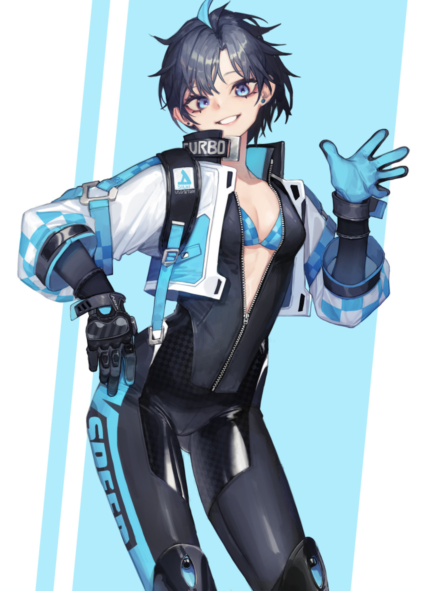 1girl, ahoge, bangs, biker_clothes, bikesuit, bikini, bikini_top, bikini_under_clothes
