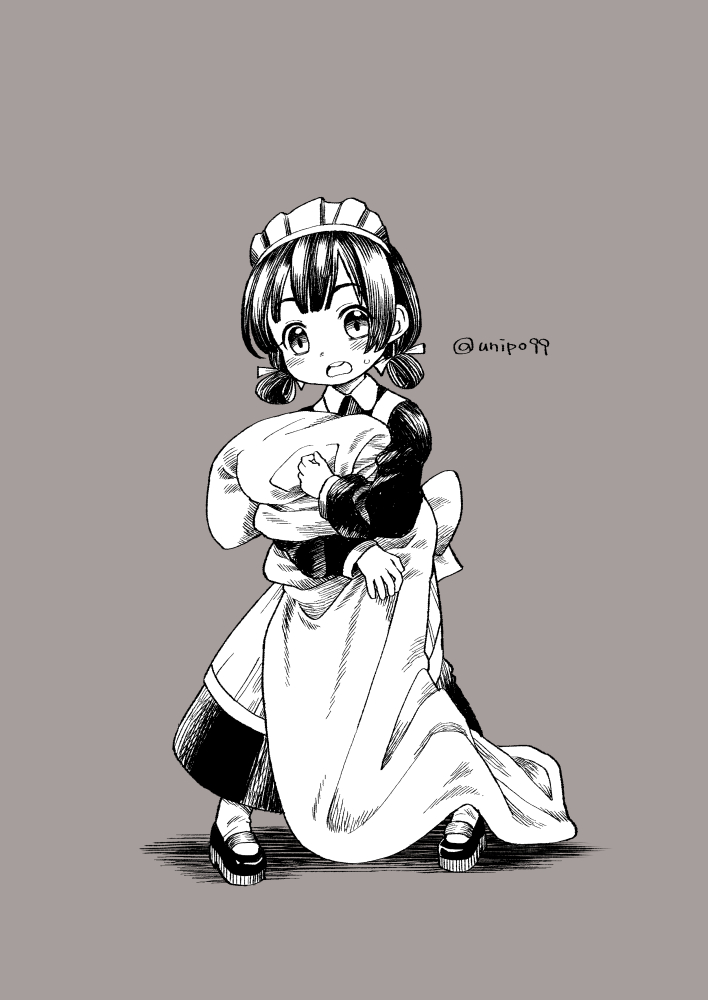 1girl, alternate_costume, apron, bangs, blanket, dress, enmaided, grey_background, greyscale, hair_ribbon, hair_rings, harukaze_unipo, holding, holding_blanket, kaiboukan_no._4_(kancolle), kantai_collection, long_sleeves, maid, maid_day, maid_headdress, monochrome, open_mouth, ribbon, short_hair, simple_background, solo, standing, sweatr, twitter_username