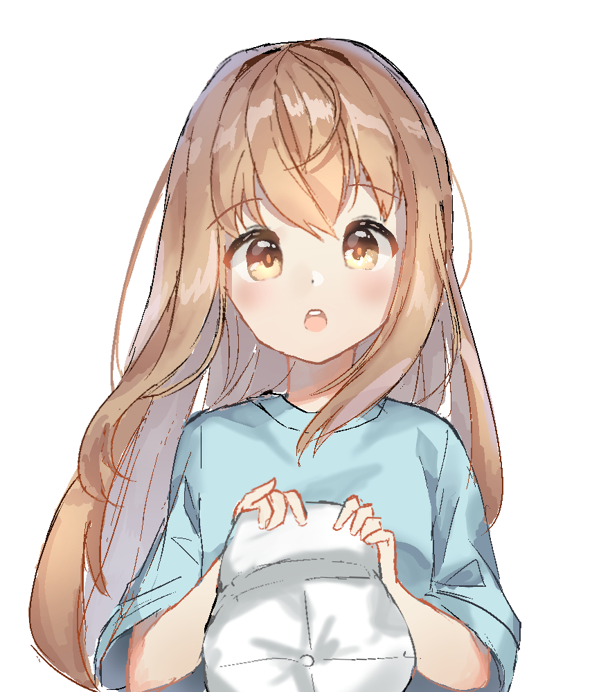 1girl, :o, bangs, blue_shirt, blush, brown_eyes, brown_hair, commentary