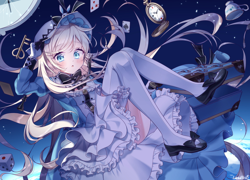1girl, absurdres, alice_(arcaea), aqua_eyes, arcaea, bangs, black_bow, black_footwear, black_neckwear, blonde_hair, blue_dress, blue_shirt, bow, bowtie, box, card, chess_piece, cup, dice, dress, footwear_bow, full_body, gloves, hand_on_headwear, high_heels, highres, key, lanubis, long_hair, long_sleeves, looking_at_viewer, open_mouth, planet, playing_card, pocket_watch, shirt, solo, space, teacup, thigh-highs, watch, white_headwear, white_legwear