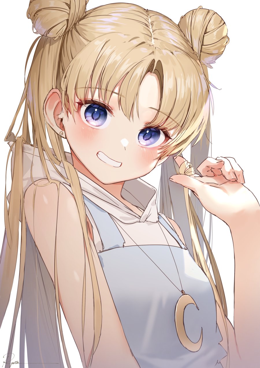 1girl, bangs, bishoujo_senshi_sailor_moon, blonde_hair, blue_eyes, blush, crescent_necklace, double_bun
