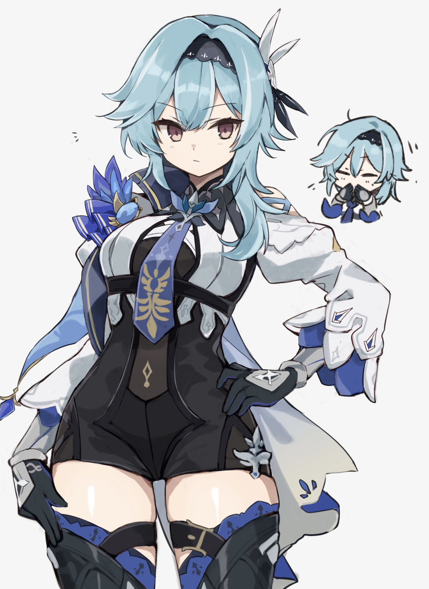 1girl, bangs, black_gloves, blue_hair, blue_neckwear, boots, breasts, brown_eyes