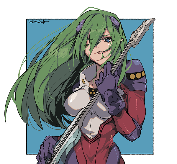 1girl, bangs, breasts, collarbone, dated, emilia_jenius, green_hair, guitar
