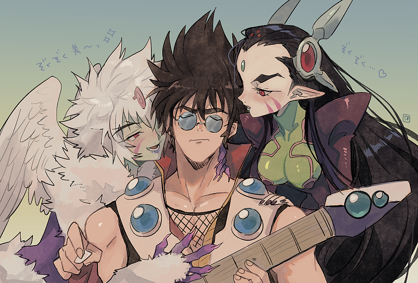 1boy, 2girls, alien, annoyed, black_hair, black_jumpsuit, bodysuit, brown_hair, character_request, closed_eyes, collarbone, colored_skin, frown, girl_sandwich, green_skin, guitar, hair_behind_ear, holding, holding_instrument, instrument, kinako_(462), long_pointy_ears, macross, macross_7, multiple_girls, nekki_basara, open_mouth, pointy_ears, red_eyes, round_eyewear, sandwiched, science_fiction, sivil, sleeveless, translation_request, white_hair