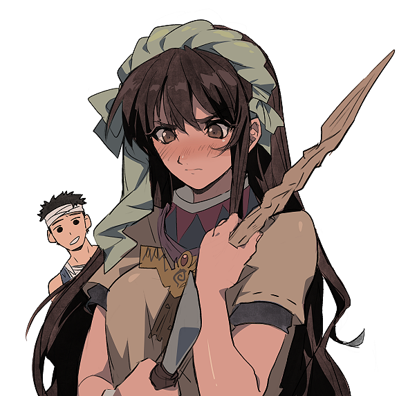 1boy, 1girl, bandaged_head, bandages, bangs, black_eyes, blush, breasts