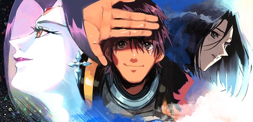 1boy, 2girls, black_hair, blue_skin, brown_hair, colored_skin, forehead_jewel, green_eyes