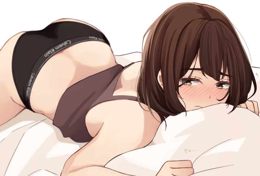 1girl, ass, back, bangs, bed_sheet, black_panties, blush, bob_cut