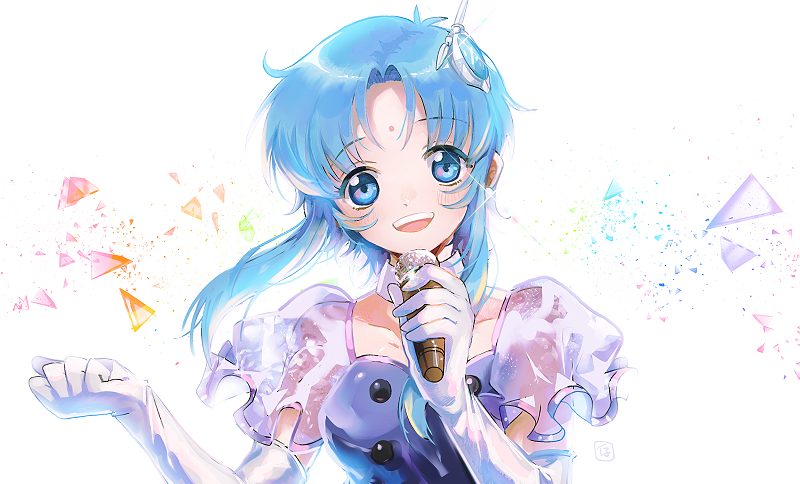 1girl, blue_dress, blue_eyes, broken_glass, clenched_hand, collarbone, dress, earrings