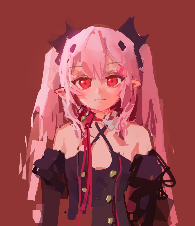 1girl, black_dress, buttons, closed_mouth, detached_sleeves, dress, hair_between_eyes, krul_tepes