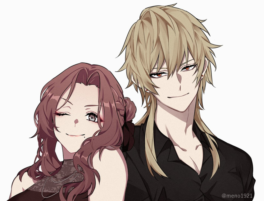 1boy, 1girl, blonde_hair, brown_hair, menoo_(meno1921), mole, mole_under_mouth, one_eye_closed