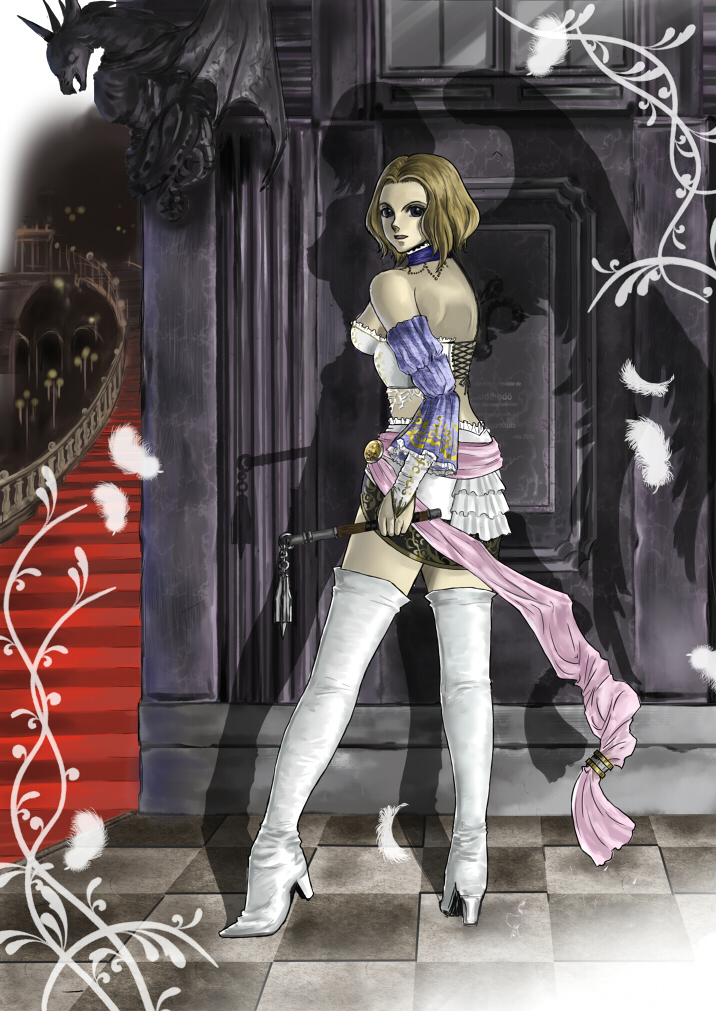 angel_wings, angela_(castlevania), blonde_hair, blue_eyes, boots, bridal_gauntlets, castlavania_pachislot, castlevania