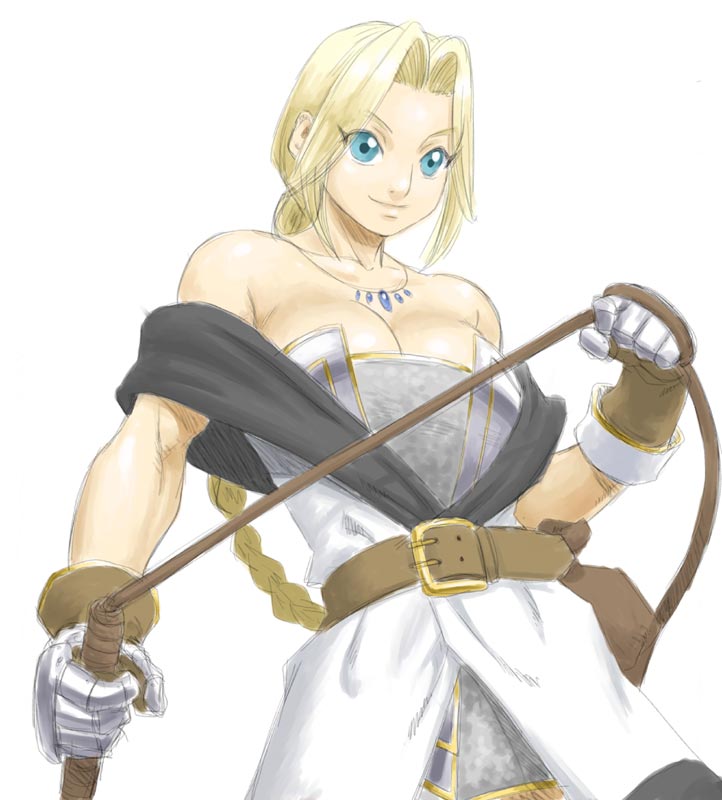 bangs, bare_arms, bare_shoulders, belt, blonde_hair, blue_eyes, braid, breasts