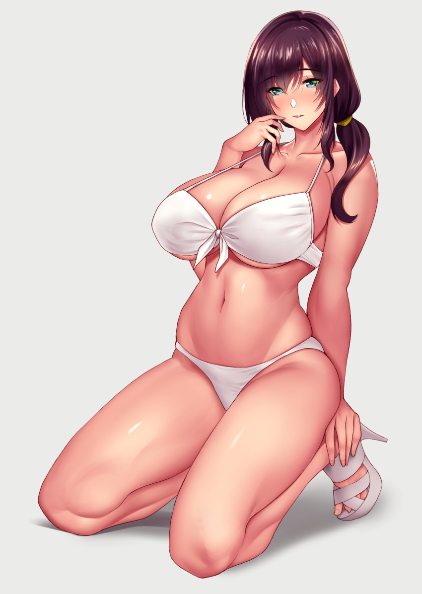 1girl, bikini, black_hair, breasts, collarbone, eyebrows_visible_through_hair, front-tie_bikini, front-tie_top, green_eyes, high_heels, highres, large_breasts, low_ponytail, navel, original, sandals, sidelocks, solo, swimsuit, takeda_aranobu, white_bikini, white_footwear