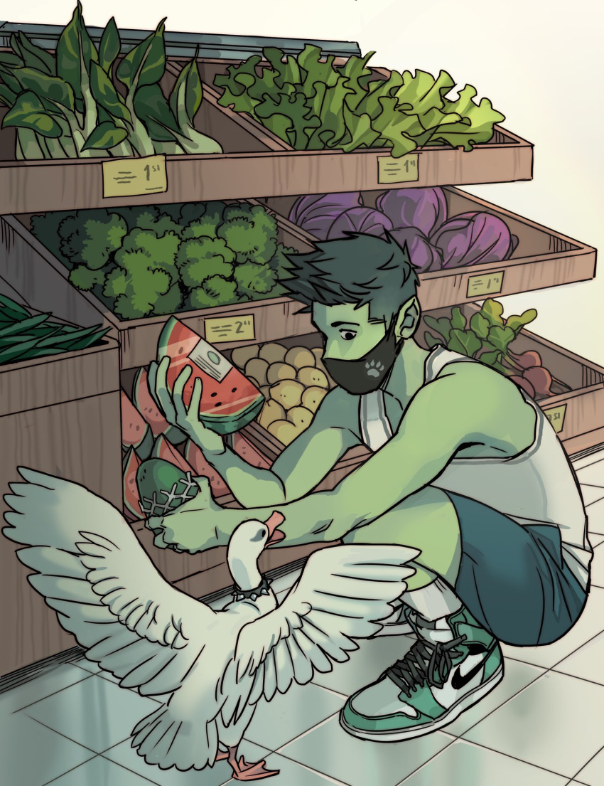 1boy, beast_boy_(dc), bird, casual, colored_skin, full_body, gabriel_picolo, goose