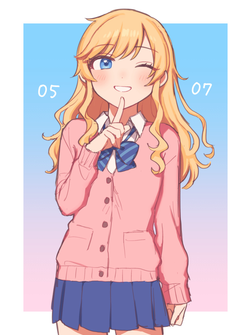 1girl, ;), bangs, blonde_hair, blue_eyes, blue_neckwear, blue_skirt, blush