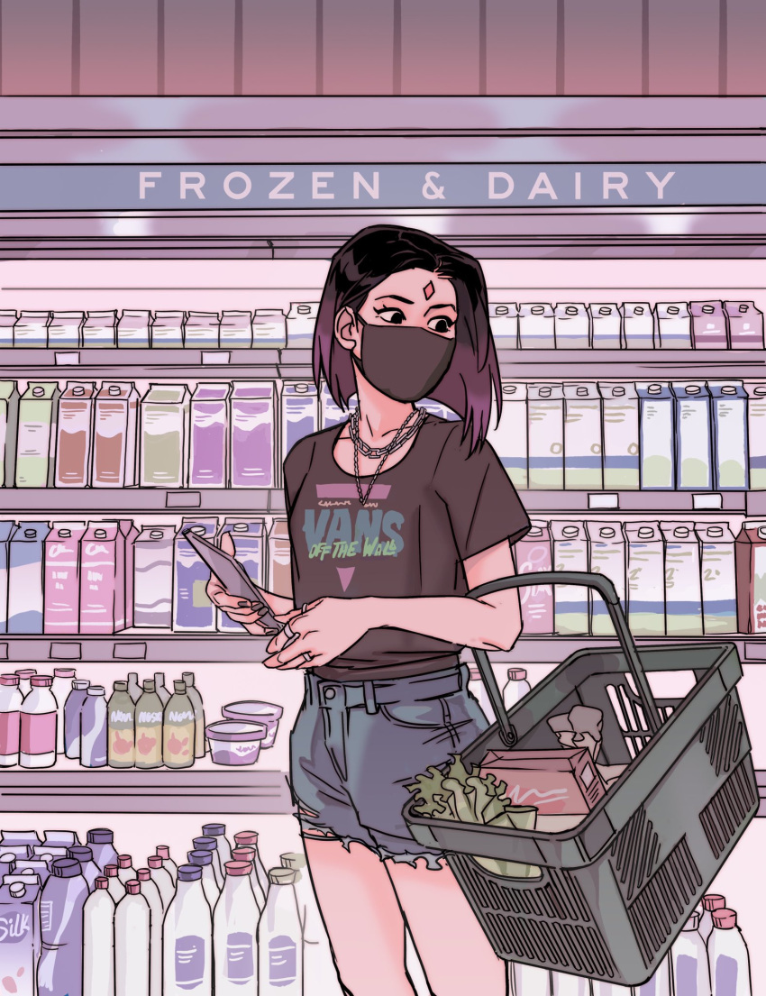 1girl, black_eyes, black_hair, breasts, casual, cellphone, cowboy_shot, denim