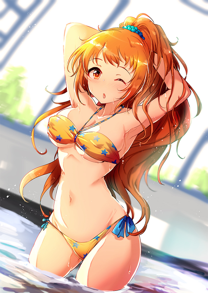 1girl, arms_behind_head, bikini, blurry, breasts, brown_eyes, brown_hair, collarbone