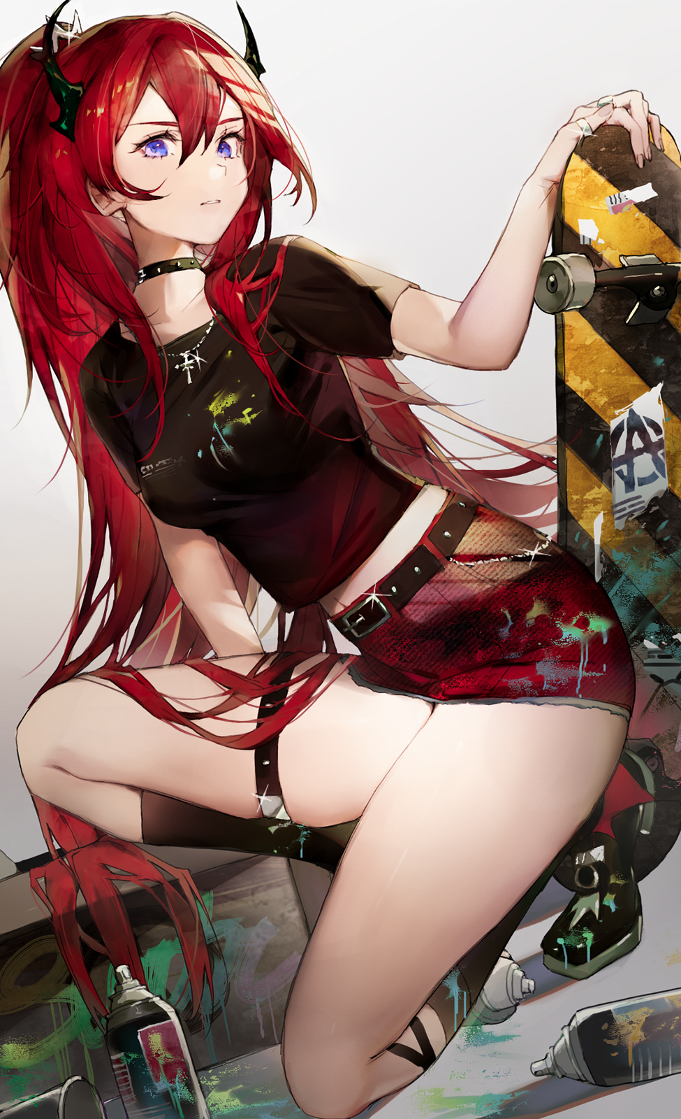 1girl, anarchy_symbol, arknights, belt, black_legwear, black_shirt, collarbone, commentary_request