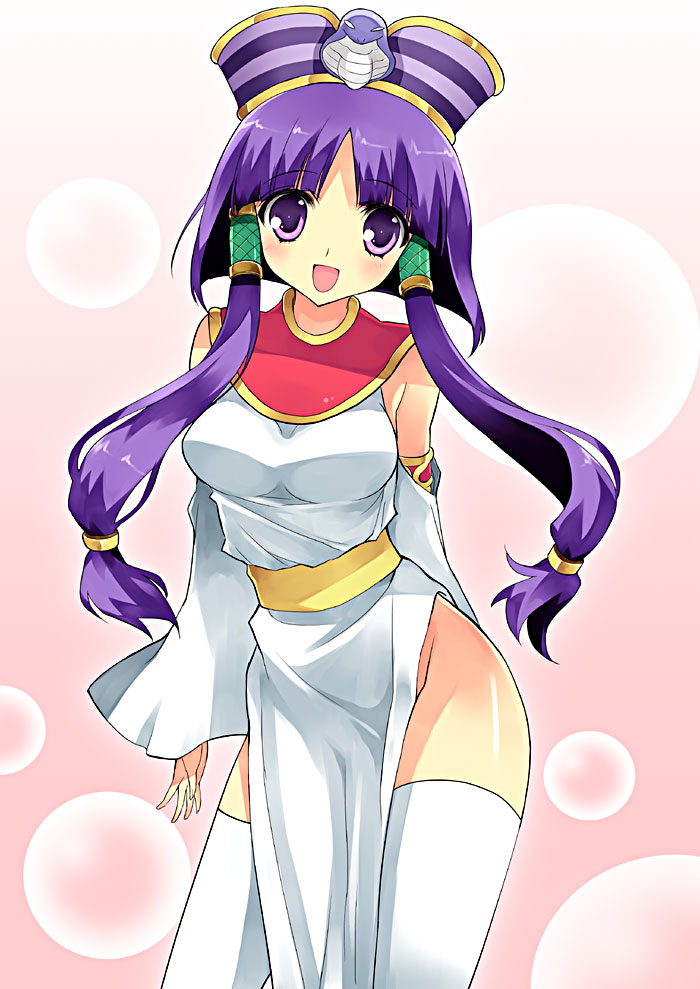 cleopatra_fortune, detached_sleeves, hair_tubes, no_panties, patrako, payot, purple_eyes, purple_hair, thigh-highs, thighhighs, twintails, violet_eyes, white_legwear, yukiwo