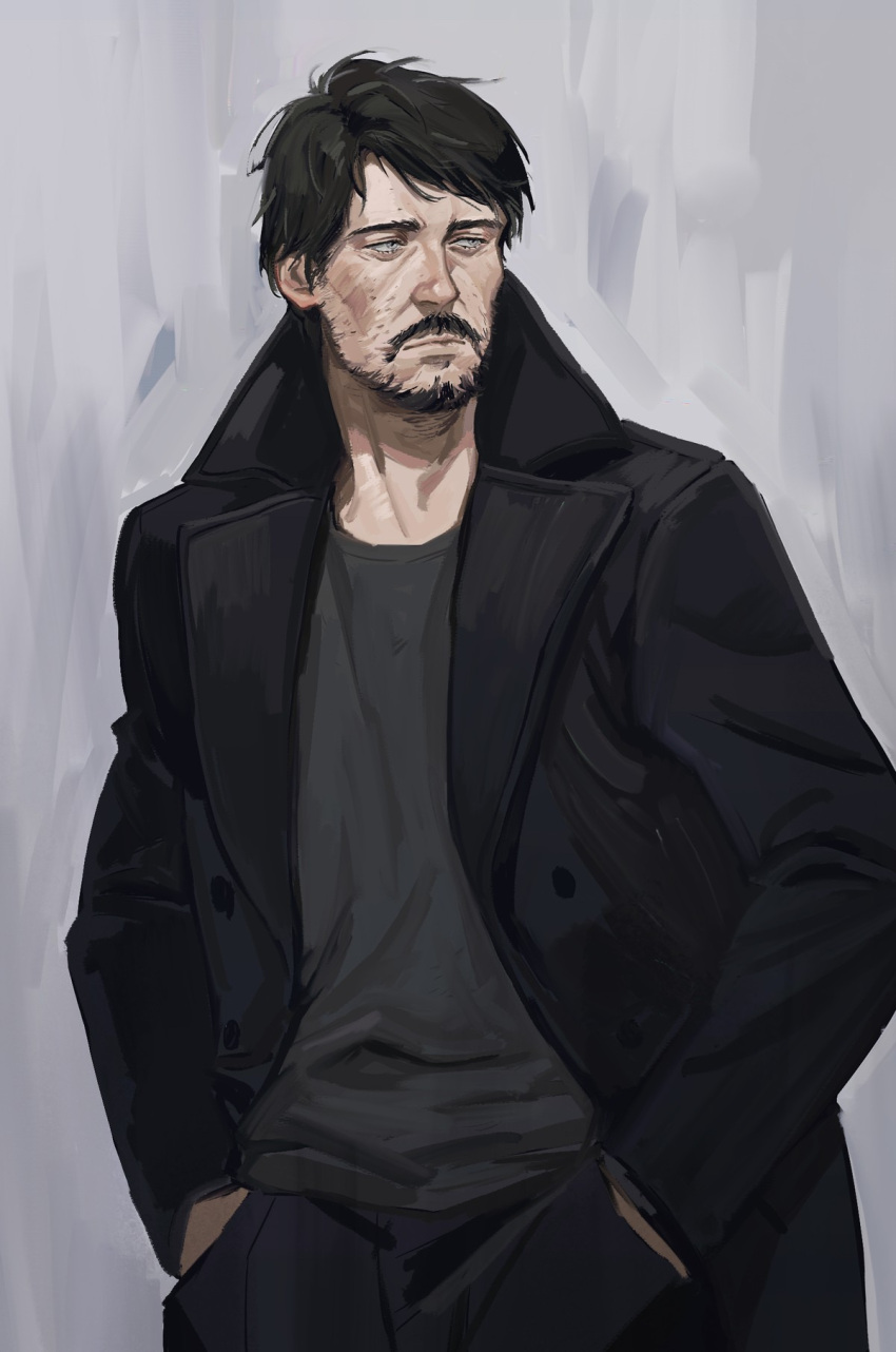 1boy, beard, black_hair, black_jacket, cheetahman_(1ddghfr78cswc), disco_elysium, expressionless, facial_hair