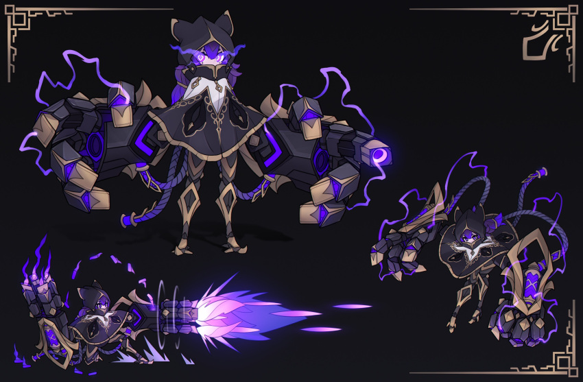 1girl, absurdres, alexis_pflaum, android, black_background, character_sheet, cloak, english_commentary, fewer_digits, finger_gun, flaming_eyes, gauntlets, highres, hood, hood_up, hooded_cloak, joints, long_hair, looking_at_viewer, original, oversized_forearms, oversized_limbs, purple_hair, robot_joints, very_long_hair, violet_eyes, witch