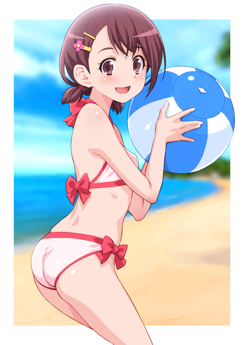 1girl, ass, ball, beach, bikini, blue_sky, clouds, day