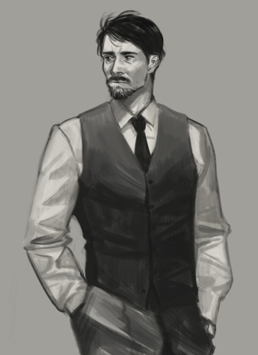 1boy, beard, black_hair, cheetahman_(1ddghfr78cswc), disco_elysium, facial_hair, goatee, hands_in_pockets