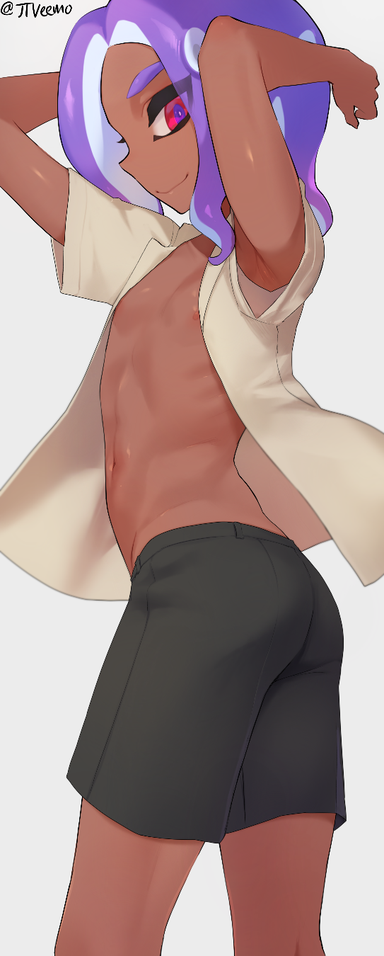 1boy, armpits, arms_up, black_skirt, cowboy_shot, dark_skin, dark_skinned_male, grey_background, highres, jtveemo, medium_hair, navel, nipples, octoling, open_clothes, open_shirt, otoko_no_ko, profile, purple_hair, red_eyes, short_sleeves, skirt, smile, solo, splatoon_(series), tan_shirt, up_sleeve