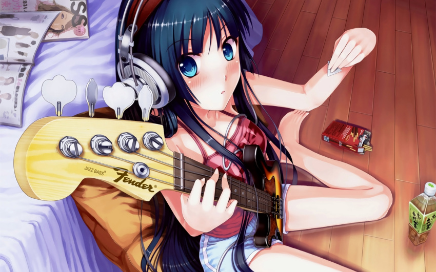 akg, akiyama_mio, barefoot, bass_guitar, bedroom, bedside, blue_eyes, blue_hair